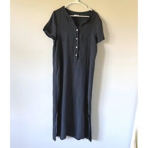 Puro Lino Italy 100% Linen Maxi Dress Dusty Navy Blue Button Coastal Luxury L